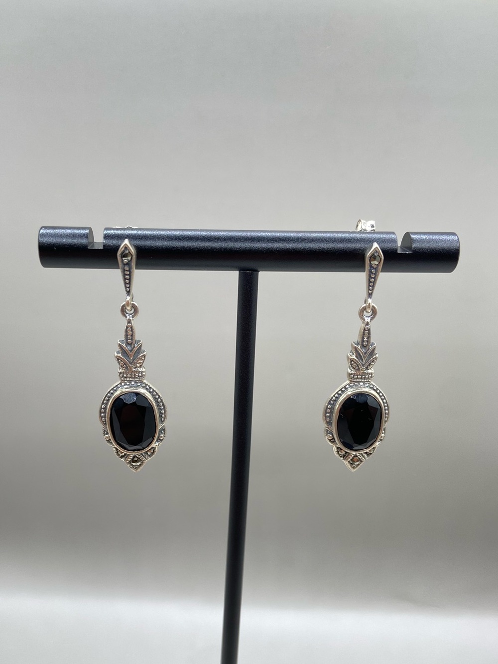 Vintage Sterling Silver Black Onyx Marcasite Pineapple Post Drop Earrings - Picture 1 of 6